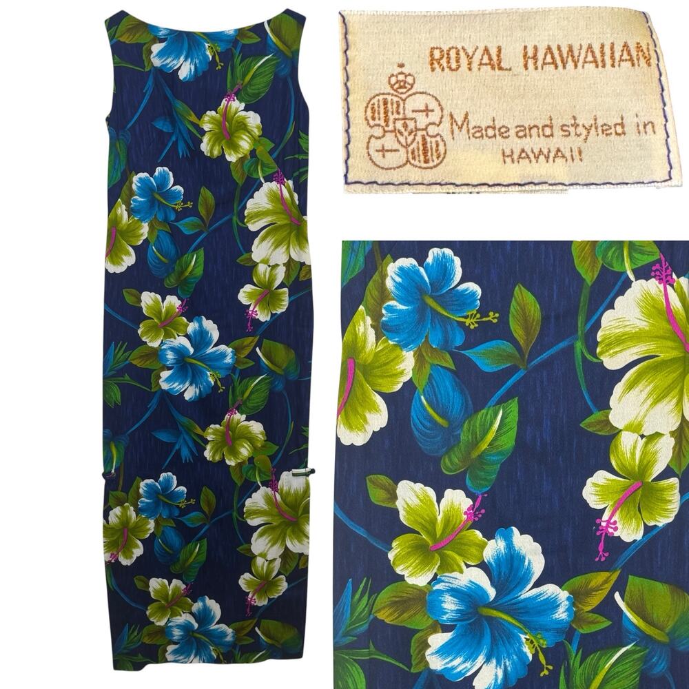 Vtg Royal Hawaiian Blue Floral Cotton Barkcloth Made Styled in Hawaii Maxi Dress